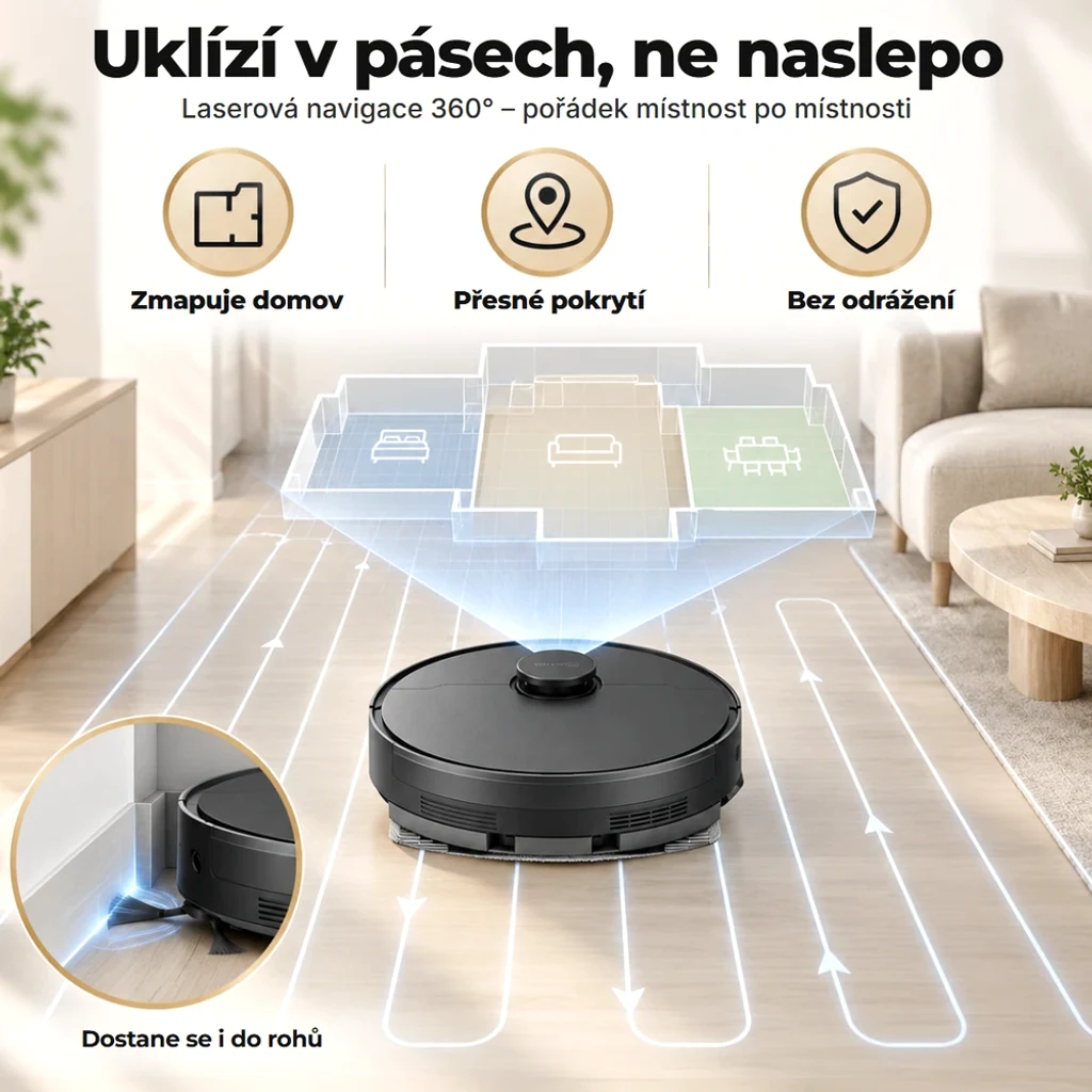 Uklízí v pruzích díky laseru 360°: zmapuje byt, projede celou podlahu a nenaráží do nábytku