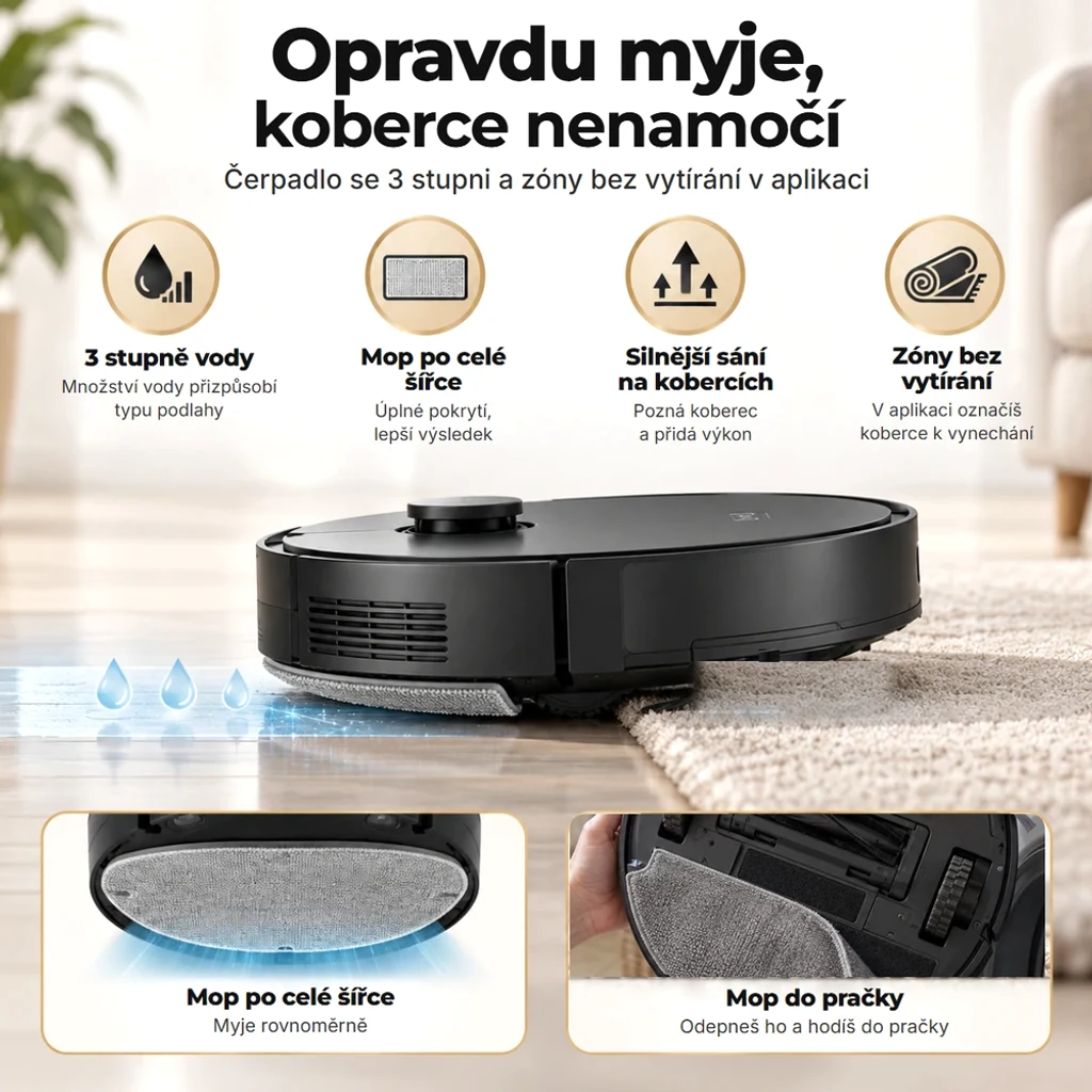 Opravdu myje: elektronické čerpadlo se 3 stupni a mop po celé šířce; na kobercích přidá sání
