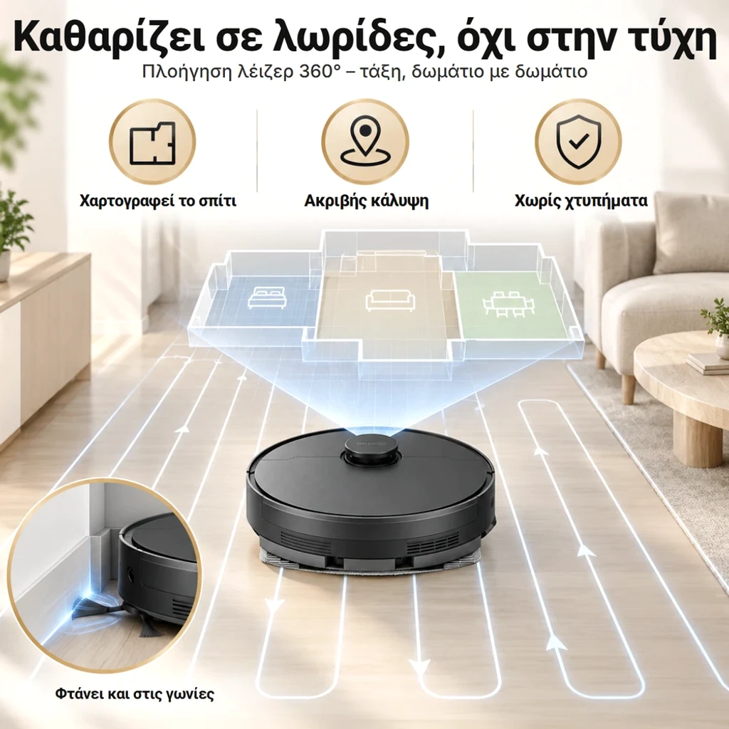 Καθαρίζει σε γραμμές με laser 360°: χαρτογραφεί το σπίτι, περνάει όλο το πάτωμα και δεν χτυπάει στα έπιπλα