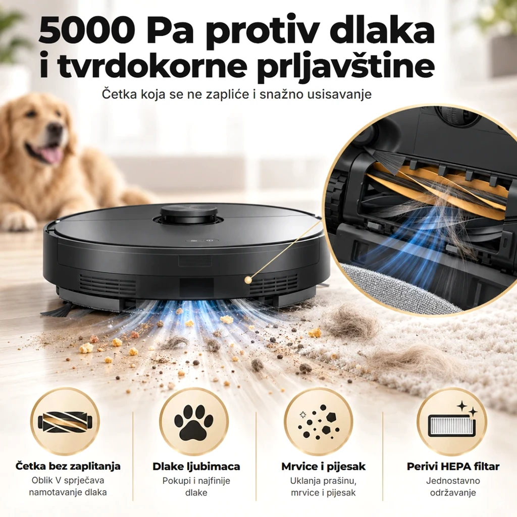 5.000 Pa protiv dlaka i tvrdokorne prljavštine: valjak koji se ne zapetljava i perivi HEPA filtar