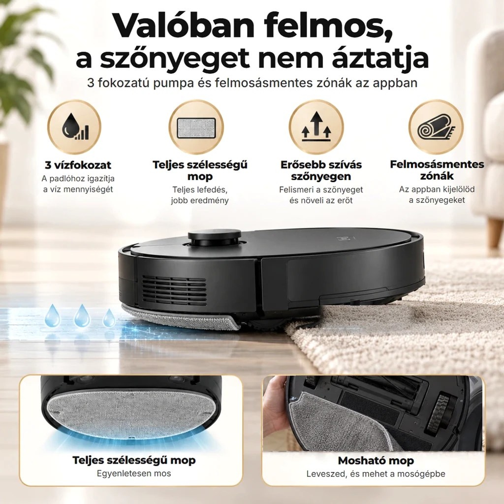 Tényleg felmos: elektronikus szivattyú 3 fokozattal és teljes szélességű kendő; szőnyegen erősebben szív