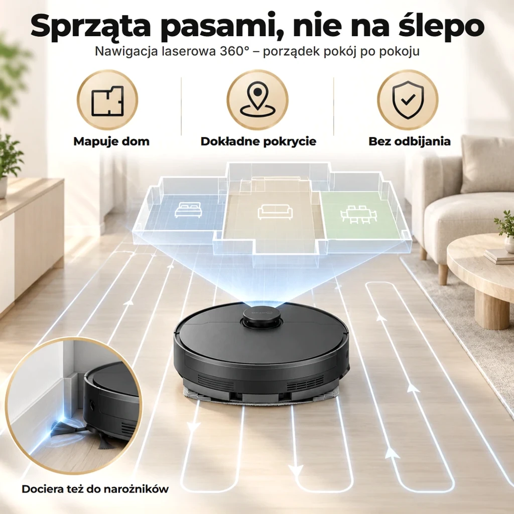 Sprząta pasami z laserem 360°: tworzy mapę domu, obejmuje całą podłogę i nie odbija się od mebli