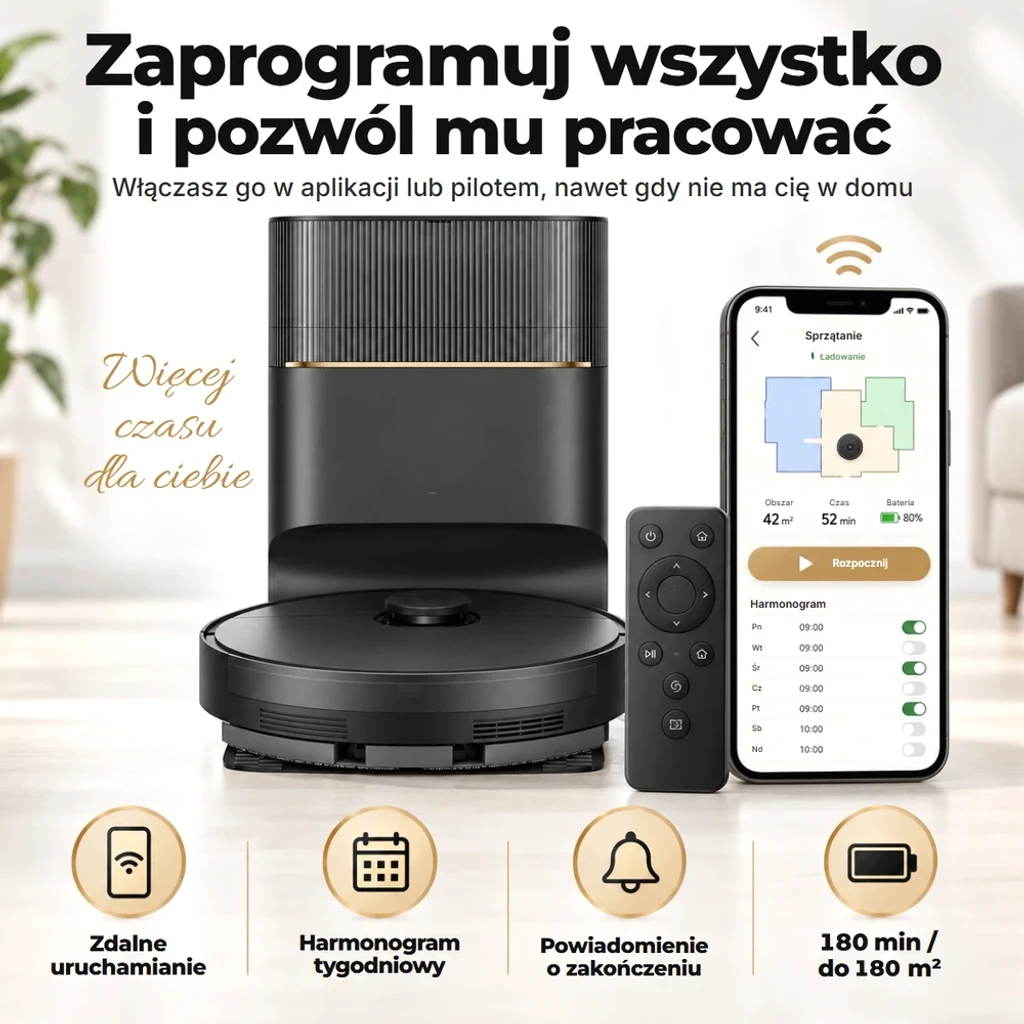 Ustawiasz go w aplikacji lub pilotem i rusza sam, nawet gdy nie ma cię w domu