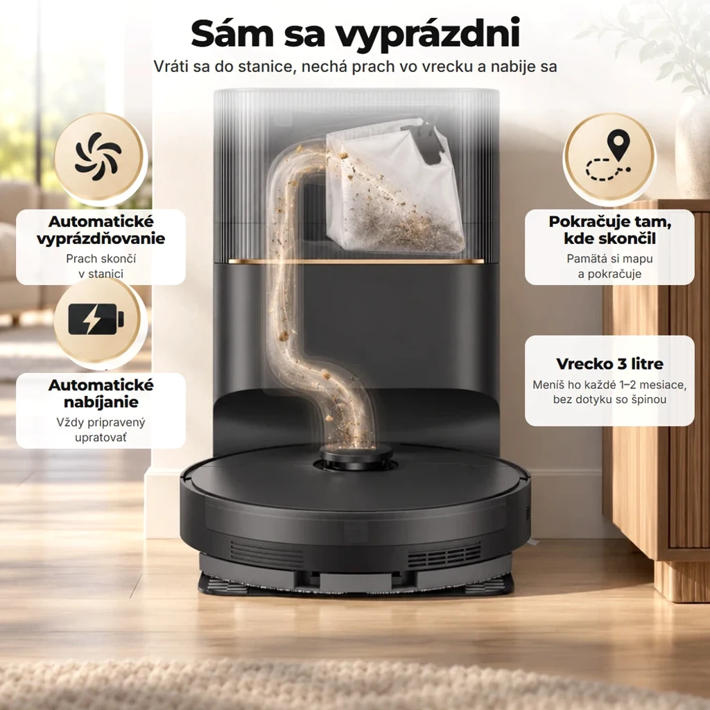 Sám sa vyprázdni do vrecka v stanici, nabije sa a pokračuje tam, kde prestal