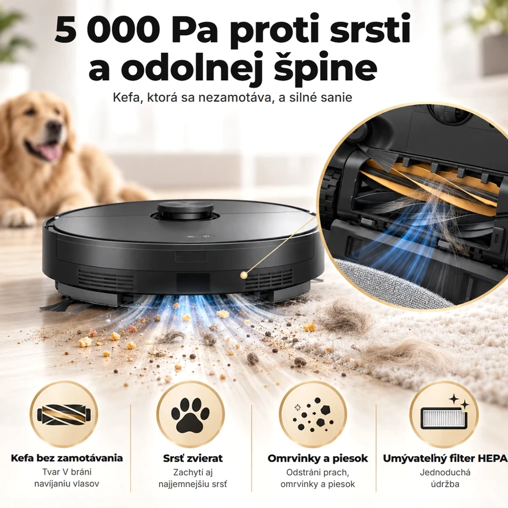 5 000 Pa na chlpy a zaschnutú špinu: valec, ktorý sa nezamotáva, a umývateľný HEPA filter
