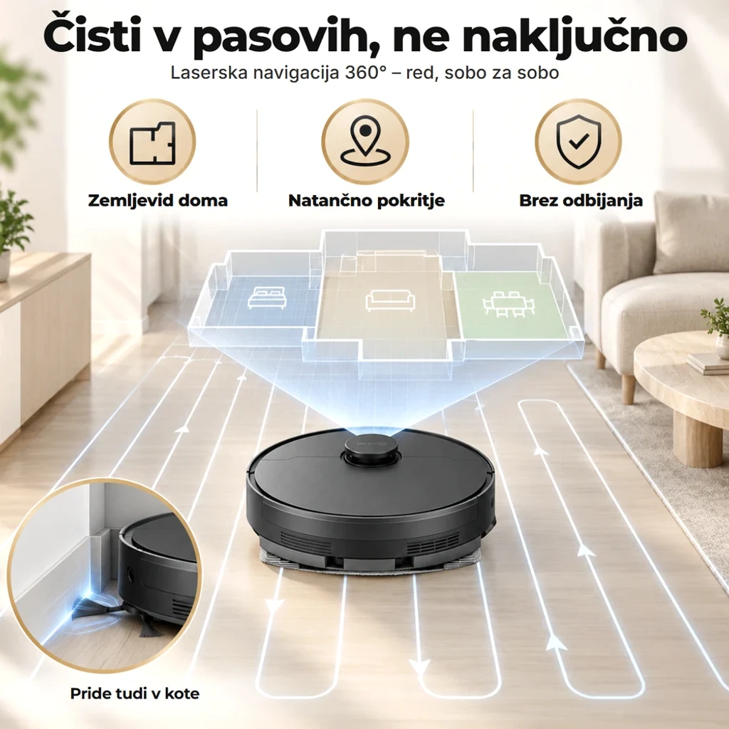 Čisti v pasovih z laserjem 360°: nariše zemljevid doma, prevozi vsa tla in se ne odbija od pohištva