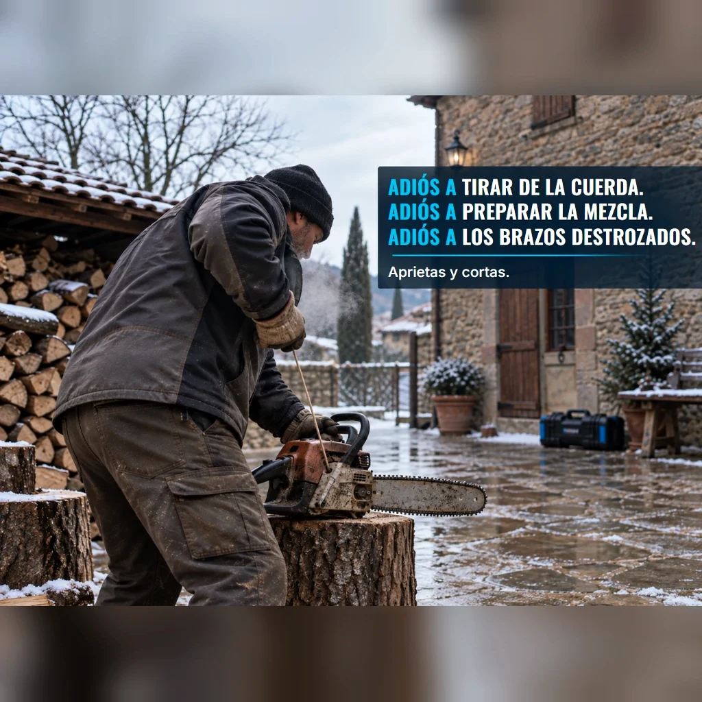Un hombre tira de la cuerda de una vieja motosierra de gasolina en un patio en invierno