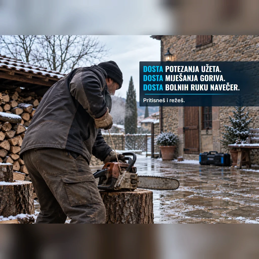 Muškarac zimi u dvorištu poteže uže stare benzinske motorne pile