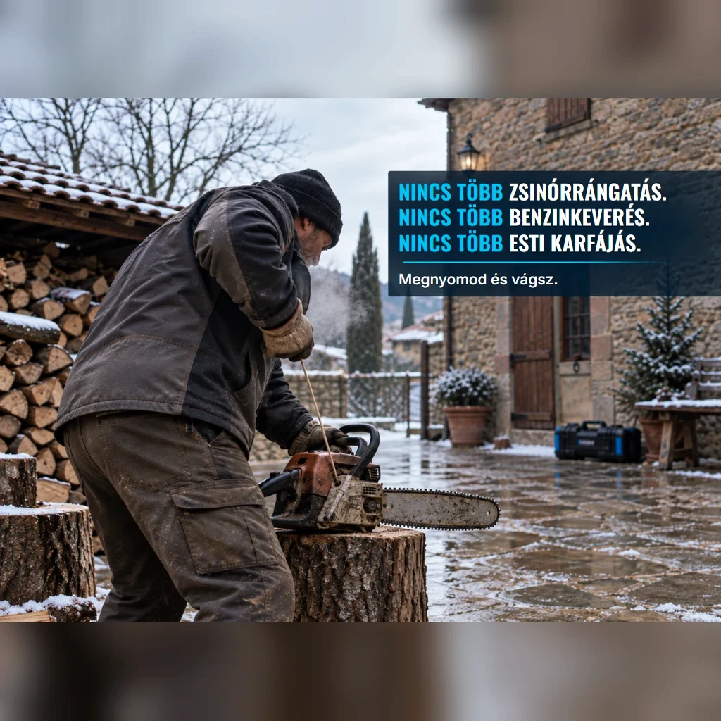 Egy férfi télen az udvaron egy régi benzines láncfűrész zsinórját rántja