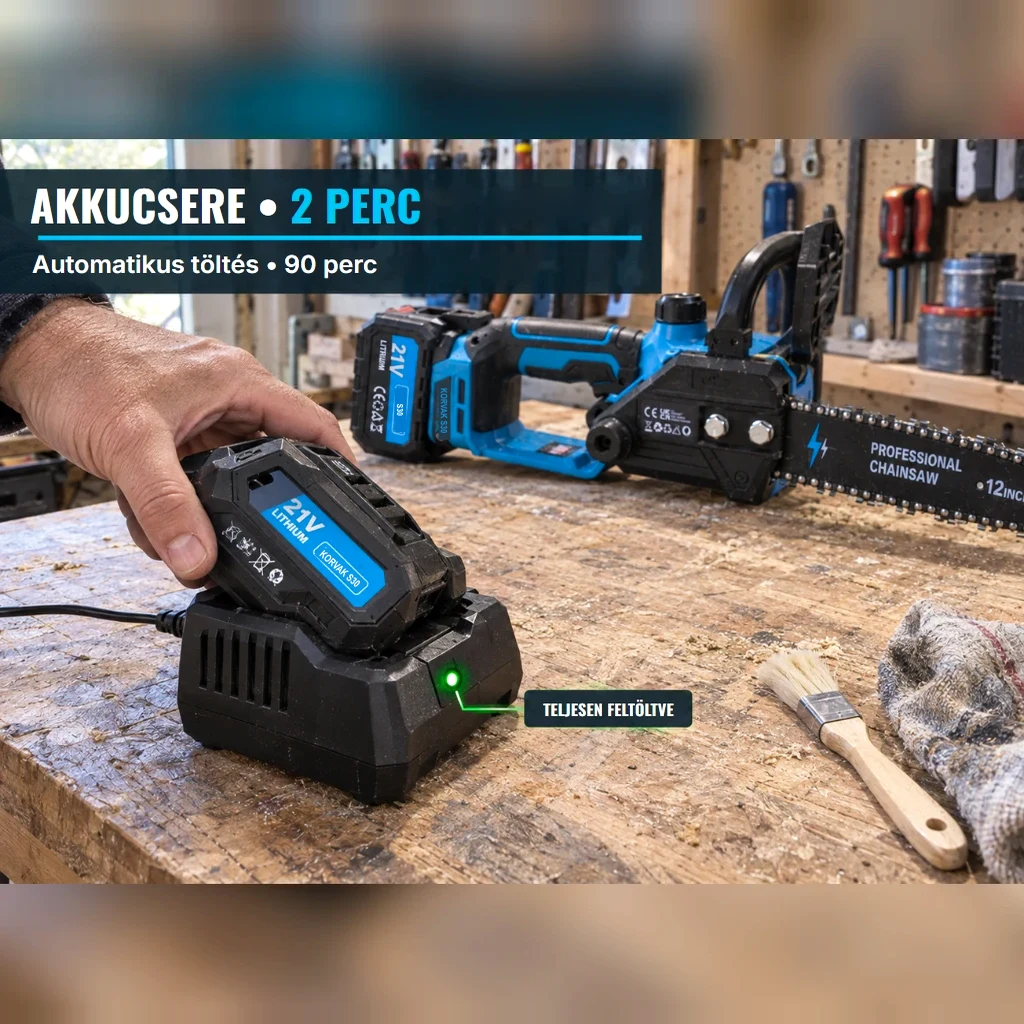 Az akku a töltőn, a teljes töltést jelző zöld fénnyel, mellette a kefe