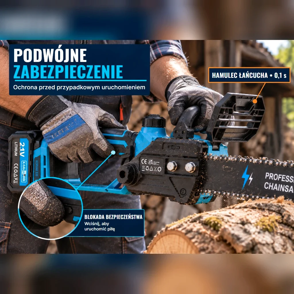Dłonie w rękawicach na pile: blokada bezpieczeństwa pod uchwytem i osłona dłoni hamulca łańcucha