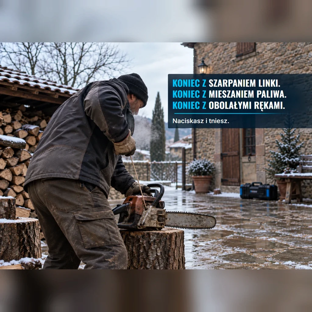 Mężczyzna zimą na podwórku szarpie linkę starej piły spalinowej