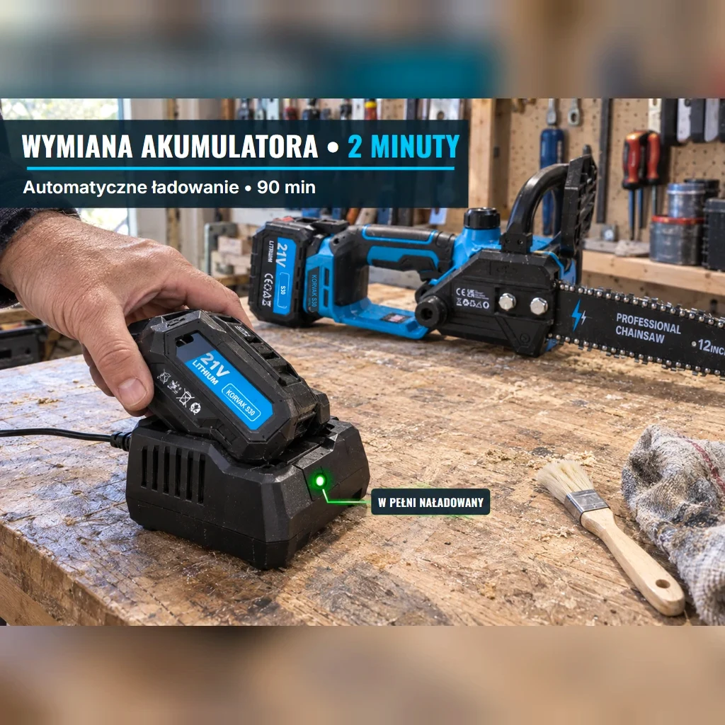 Akumulator na ładowarce z zieloną lampką pełnego naładowania, obok szczoteczka